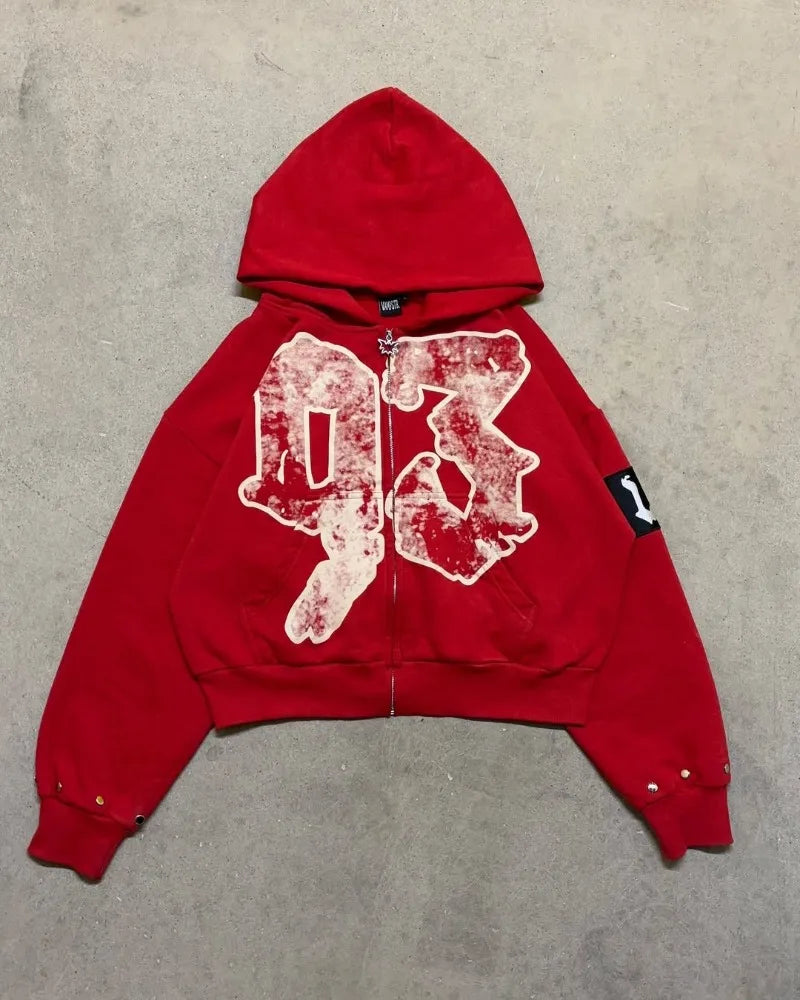 High Street Rock Letter Print Oversized Zip Up Hoodie - Y2K Hip-Hop Fashion | TrendifyStore