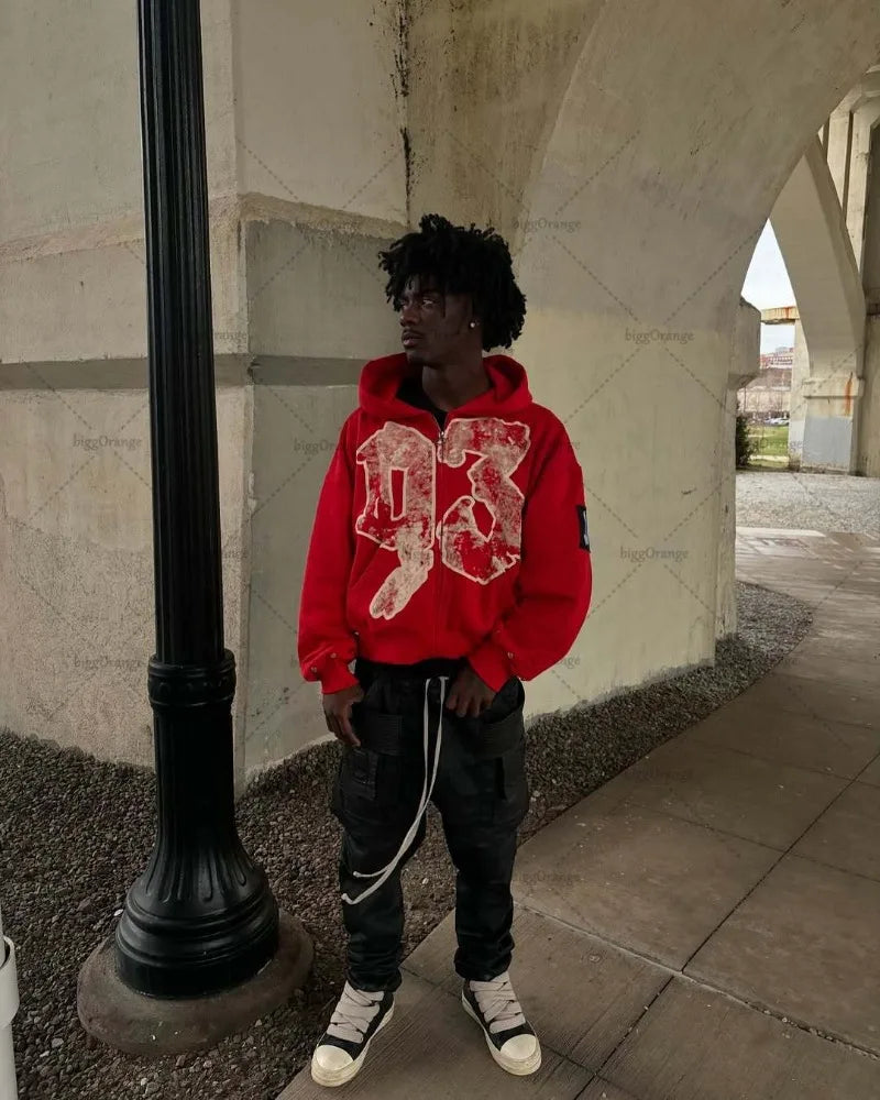 High Street Rock Letter Print Oversized Zip Up Hoodie - Y2K Hip-Hop Fashion | TrendifyStore