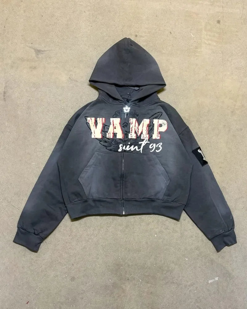 High Street Rock Letter Print Oversized Zip Up Hoodie - Y2K Hip-Hop Fashion | TrendifyStore