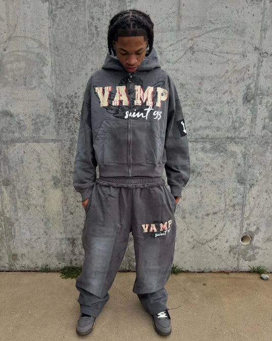 High Street Rock Letter Print Oversized Zip Up Hoodie - Y2K Hip-Hop Fashion | TrendifyStore