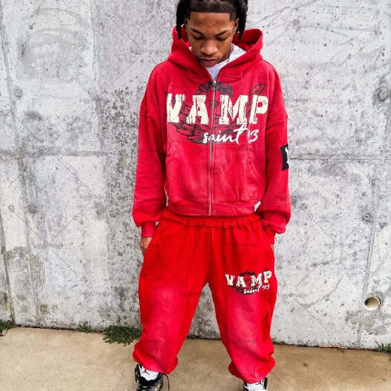 High Street Rock Letter Print Oversized Zip Up Hoodie - Y2K Hip-Hop Fashion | TrendifyStore