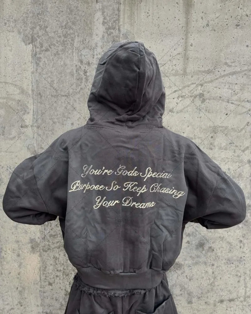 High Street Rock Letter Print Oversized Zip Up Hoodie - Y2K Hip-Hop Fashion | TrendifyStore