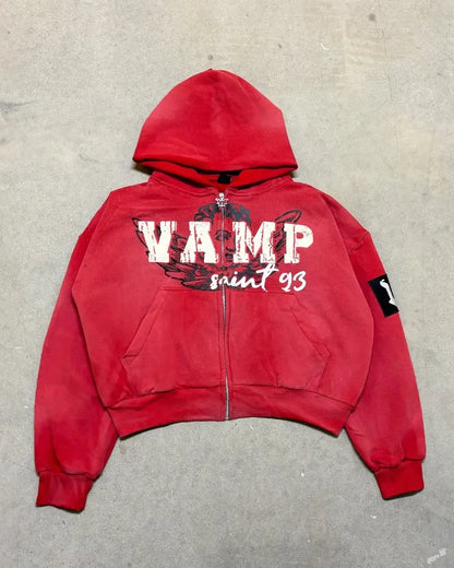 High Street Rock Letter Print Oversized Zip Up Hoodie - Y2K Hip-Hop Fashion | TrendifyStore