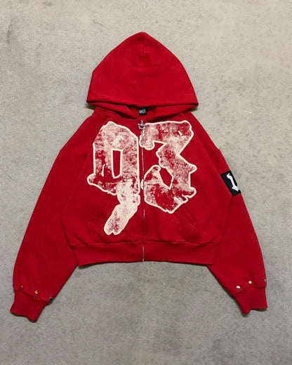 High Street Rock Letter Print Oversized Zip Up Hoodie - Y2K Hip-Hop Fashion | TrendifyStore