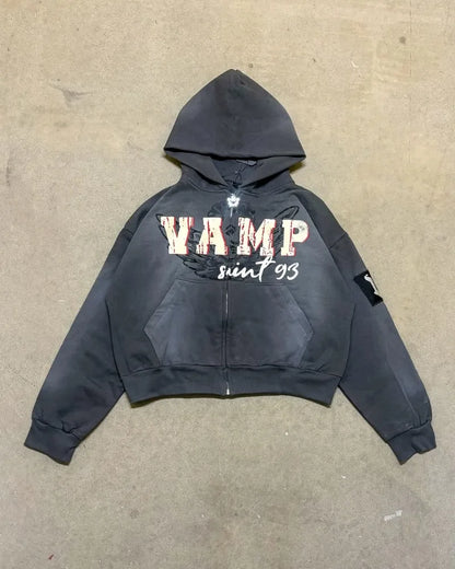 High Street Rock Letter Print Oversized Zip Up Hoodie - Y2K Hip-Hop Fashion | TrendifyStore